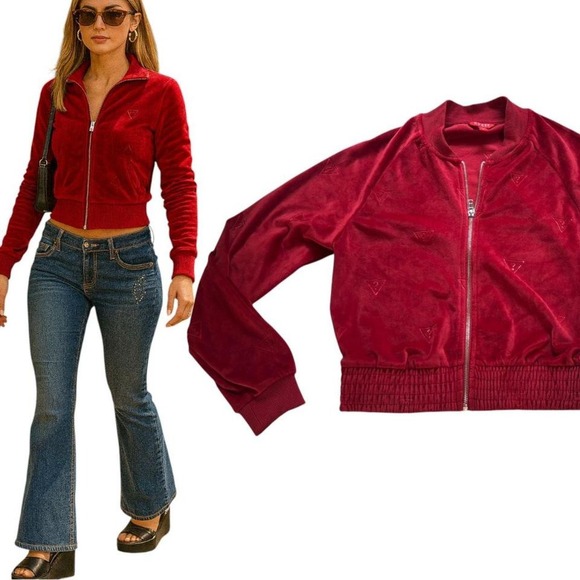 Y2K RED VELOUR LOGO VINTAGE GUESS ZIP UP‎ TRACK JACKET SMALL/MEDIUM - Picture 2 of 6